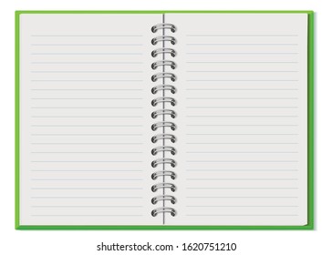 Notebook, open copybook with empty sheets realistic vector illustration. Blank lined diary papers mock up. Notepad with metal spiral. Planner, simple organizer isolated on white background