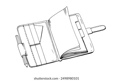Notebook, open notepad with blank paper pages, pencil. Business planner, office diary, organizer. Outlined contoured note book, journal. Hand-drawn vector illustration isolated on white background