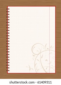 Notebook open page design on wooden background