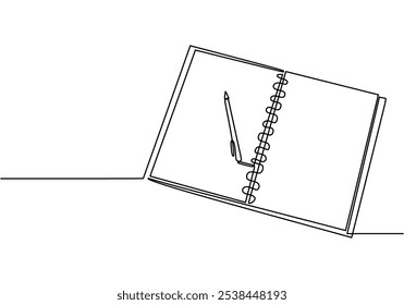 Notebook with open pages illustrated in continuous one line drawing. Education concept representing creativity and note-taking.