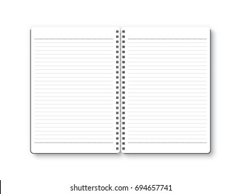 Notebook open vector isolated on white background. White page with ruled paper, top view, from above.
