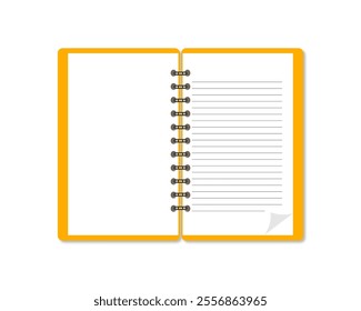 Notebook. Open Notebook with a Yellow Cover and Spiral Binding. Yellow Notebook with lined pages. Vector illustration