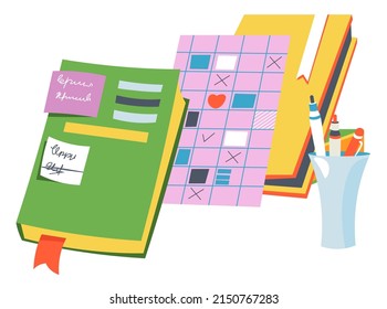 Notebook or organizer, calendar with notes and signs. To do list helping in business and personal routine management. School and office supplies, pencils and pens in cup. Vector in flat style