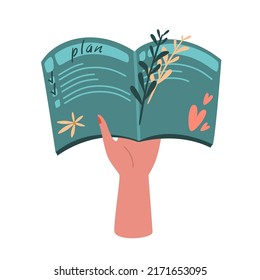 Notebook, organizer for to do lists, personal plans, goals in a women's hand. To do list with marked tasks, isolated on white, vector Icon. Flat cartoon illustration, clipart.