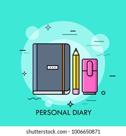 Notebook or organizer, pencil and highlighter. Concept of personal diary, daily planner, effective planning, making notes. Colorful vector illustration in thin line style for web banner, poster.