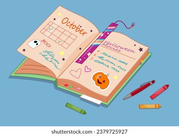 Notebook and organizer. Textbook with notes and drawings near stationery. Time management and planning concept. School supplies. Cartoon flat vector illustration isolated on blue background