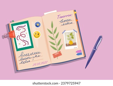 Notebook and organizer. Textbook with notes and pictures near pen. Time management and planning concept. Diary of schoolchild and student. Cartoon flat vector illustration isolated on pink background