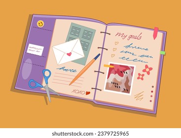 Portátil y organizador. Libro de texto con notas e imágenes cerca de lápiz y tijeras. Concepto de gestión y planificación del tiempo. Afiche o pancarta. Dibujo vectorial plano de dibujos animados aislado en fondo beige