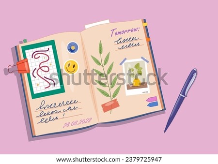 Notebook and organizer. Textbook with notes and pictures near pen. Time management and planning concept. Diary of schoolchild and student. Cartoon flat vector illustration isolated on pink background