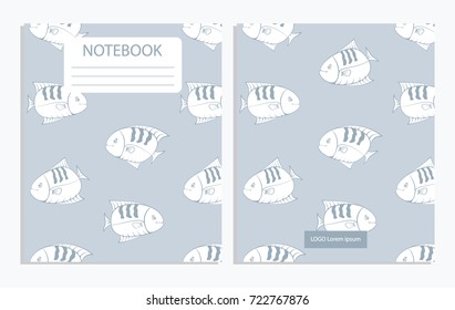 Notebook with outline black and white fish pattern