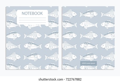 Notebook with outline black and white fish pattern