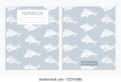 Notebook with outline black and white fish pattern