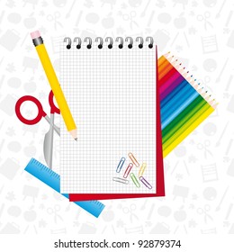 notebook over school elements, with silhouettes background. vector