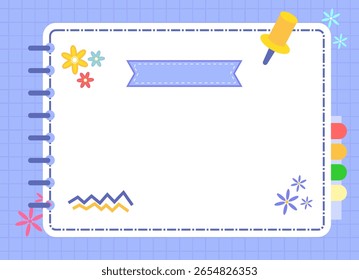 Una página de cuaderno con un fondo de cuadrícula azul, espiral, pin, etiqueta de Anuncio y decoraciones. Ideal para recordatorios, planificación e información visual.
