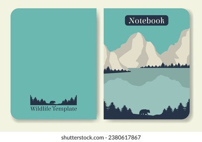 Notebook page blue landscape design. Wildlife cover illustration.