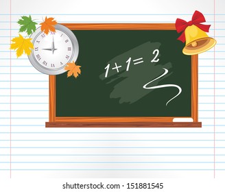 Notebook page with chalkboard, watch and school bell. Vector
