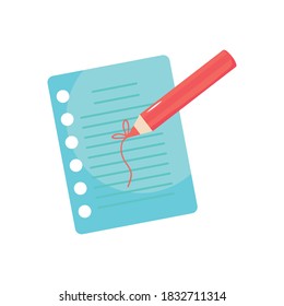 notebook page and color pencil icon over white background, flat style, vector illustration