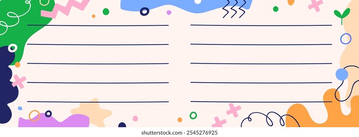 Notebook page design. Blank background with abstract shapes, colorful doodle elements, creative decoration, empty horizontal lines for writing. Notepad paper template. Flat vector illustration