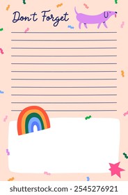 Notebook page design with funny colorful doodle elements. Comic-style notepad paper, vertical background with cute dog, rainbow. Diary, memo note planner with blank lines. Flat vector illustration