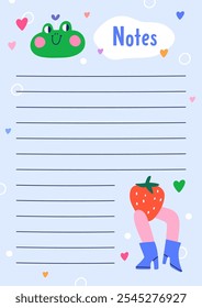 Design de página de notebook em estilo engraçado doodle. Folha de papel do Bloco de notas, plano de fundo vertical com elementos de humor cômico excêntrico, linhas em branco vazias para a escrita de notas. Ilustração de vetor plana infantil