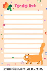 Notebook page design. Funny to-do list template for notepad, diary in doodle quirky comic kids style. Paper background, cute cat, blank empty lines for memo notes writing. Flat vector illustration