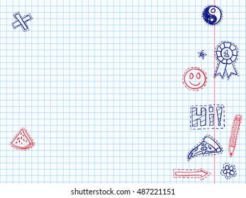 Notebook page with funny drawn patch badges. Fashion trendy cartoon stickers. Girly diary page background. Doodle sketch vector. Social media funny texture.