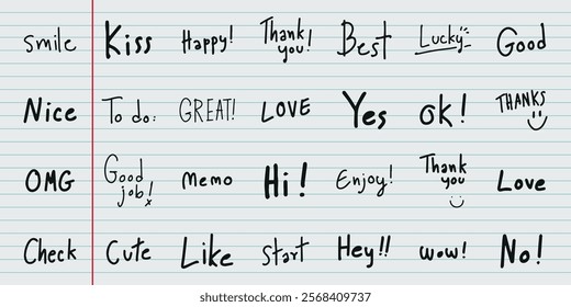 Notebook page with handwritten words like 'smile,' 'love,' 'thank you,' 'happy,' 'best,' 'yes,' 'nice,' 'enjoy,' 'hi,' 'wow,' 'cute,' 'start,' 'check,' 'good.' Doodle and hand drawn words, vector set.