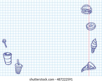 Notebook page with junk food drawn stickers. Fashion trendy cartoon patch badges. Girly diary page background. Doodle sketch vector. Social media funny texture.