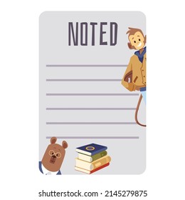 Notebook page for memos with cute animals characters, bear and monkey school students, flat vector illustration. Template for notes for children. Concept of school or college education.