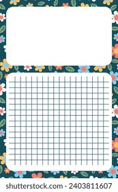 notebook page for notes or letters with flowers print. page for an organizer or planner.page with space for drawing and space for writing