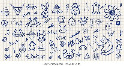 Notebook page pen and markers doodles set. Collection of abstract lettering , quick sketches of evil animals, angular chaotic lines, dirty ink symbols