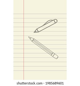 Notebook page with pen and pencil, vector