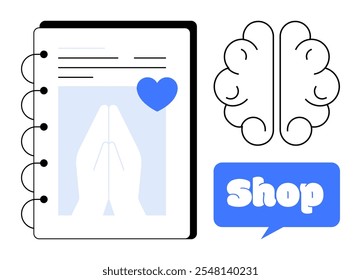 Notebook page with praying hands graphic and blue heart, stylized brain sketch, and a Shop icon with a speech bubble. Ideal for spirituality, mindfulness, learning, commerce, and mental health