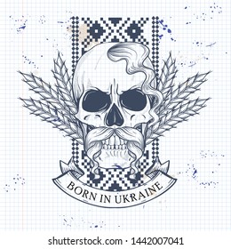 Notebook page sketch design, skull with Ukrainian national embroidery pattern, mustaches, spikes of wheat