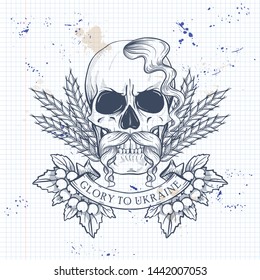 Notebook page sketch design, skull with Ukrainian national flag, mustaches, spikes of wheat, branches of viburnum, oseledets hairstyle.