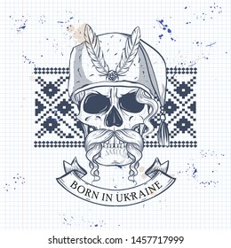 Notebook page sketch design, skull with Ukrainian embroidery pattern, mustaches, hetman hat, Ukrainian flag