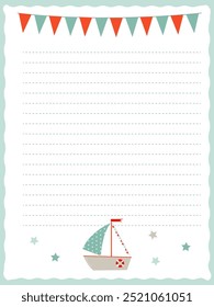 modelo de página de bloco de notas com bandeiras brilhantes e navio bonito 