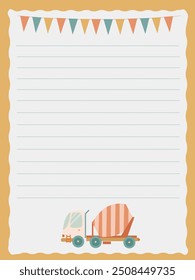 notebook page template with checkboxes and concrete truck