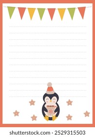 notebook page template with a cute little penguin with a cup of hot drink and ginger cookies