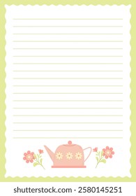 notebook page template with cute pink teapot and spring flowers