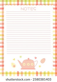 notebook page template with cute pink teapot and Easter eggs on a checkered background