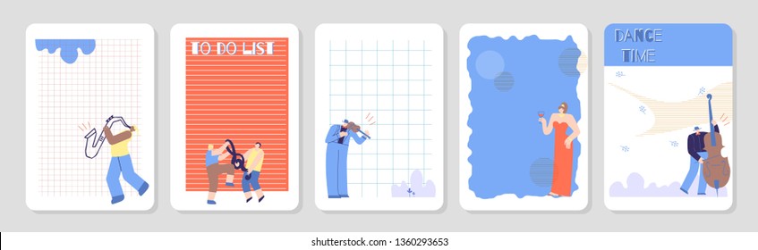 Notebook Page Template in Dance Time Musician Style with Lettering. To Do List Cover Set. Planner, Organizer, Schedule Design Decorated Man Classic Instruments Drinking Woman. Flat Vector Illustration