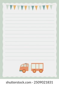 notebook page template with fire truck and flags for boy