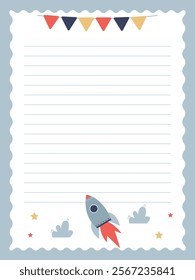 notebook page template for kids with rocket and stars