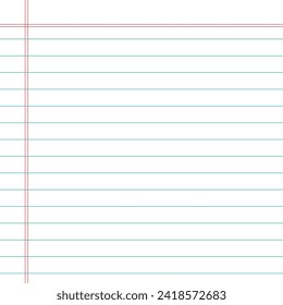 Notebook page template with lines vector. A sheet of school notebook in a ruler. School background. Education background. Vector illustration.