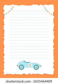 Plantilla de la página del cuaderno con el coche de carreras para el muchacho y las guirnaldas con las estrellas