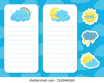 Notebook page template with weather forecast stickers. Lined notepad, diary paper vector illustration
