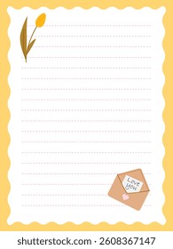Notebook page template with yellow tulip and envelope with message