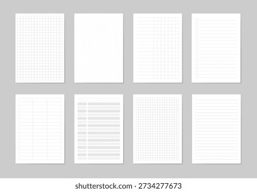 Notebook Page Templates Set with Grid Dotted, Lined Layouts for Planning Notes, Checklist, Schedule. Clean Minimal Paper Sheets, Print or Digital Use. Stationery Pages Collection. Vector Illustration