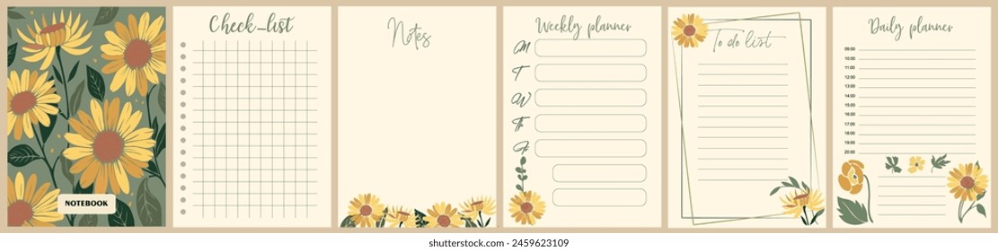 Notebook pages and cover template with colorful sunflowers. Planner, diary, notepad, organizer with cute floral design. Vector cards, notes, stickers, labels, tags paper sheet illustrations.